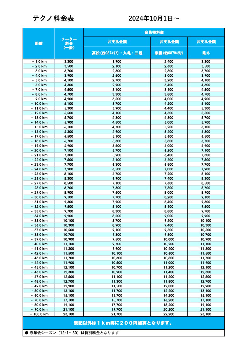 料金表（2024年10月1日～）